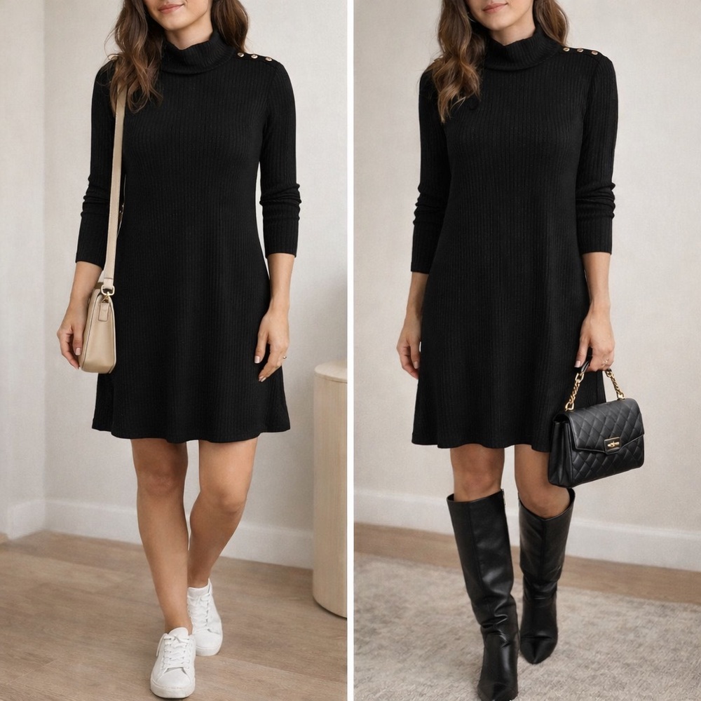 Market & Spruce Black Turtleneck Ribbed Dress